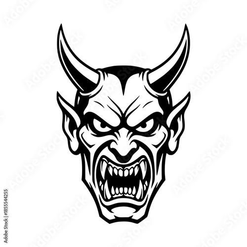Angry Devil Demon Head Vector Illustration with Horns Tattoo Style