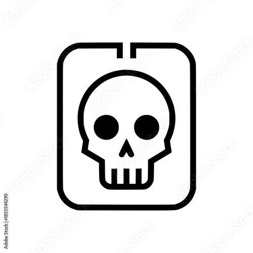 a human skull inside a rounded rectangular frame.
