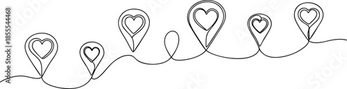 Continuous Line Art of Heart Map Pins for Travel and Romance Concept