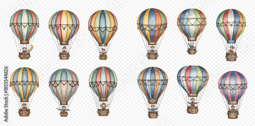 Set of colorful vintage hot air balloons with striped patterns and baskets, isolated on a transparent background.