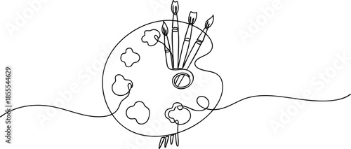 Continuous Line Art of Artist Paint Palette and Brushes Illustration