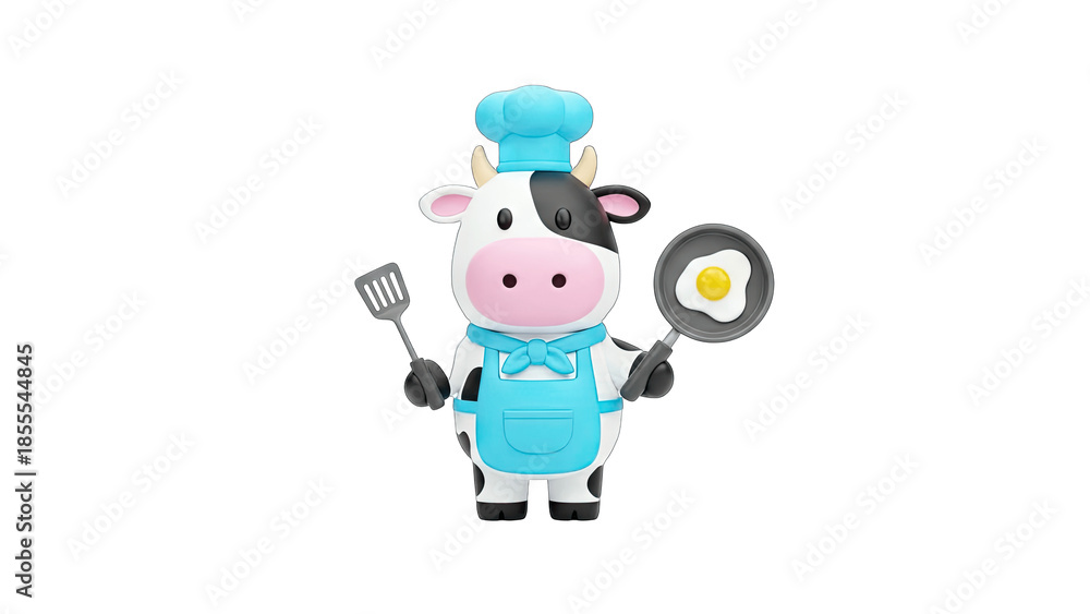 Fototapeta premium 3D Cute cartoon cow chef cooking fried egg on transparent background