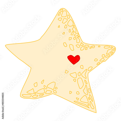 theme of inner warmth and hidden compassion. The star, textured with organic, stone-like patterns, represents a solid and resilient exterior. At its center lies a vibrant red heart, symbolizing 