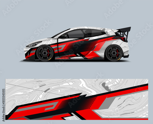 Stylish automotive wrap design showcasing dynamic stripe elements on a modern hatchback vehicle. Suitable for visual presentations related to transportation, vehicle customization, and graphic design 