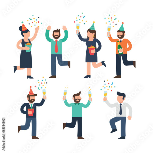 Set of diverse vector icons celebrating new year 2026, with people in a festive party gathering, cheering with excitement, giving signs of cheer and sparkle for the occasion