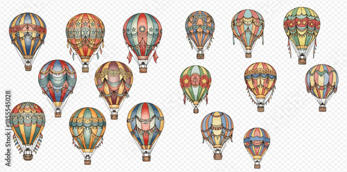 Collection of vintage hot air balloons with intricate patterns and vibrant colors, perfect for travel and adventure themes.
