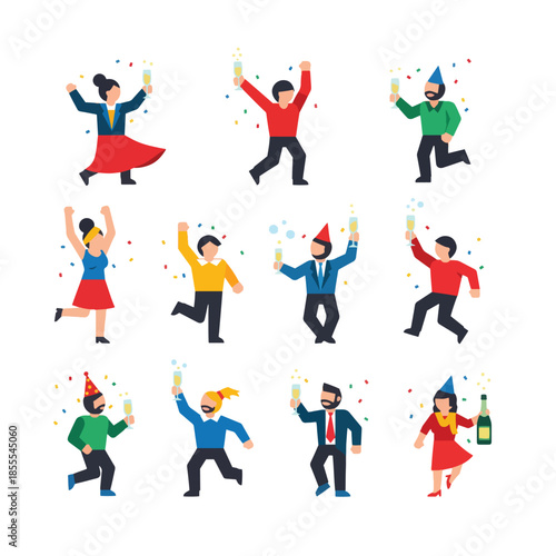 Diverse group of people celebrating, excited and cheerful, with party hats and champagne, signs of new year 2026 celebration, set of icons giving sparkle, vector occasion gathering excitement