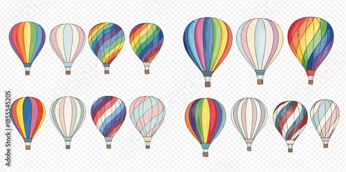 Collection of colorful hot air balloons with various patterns and designs, isolated on transparent background.