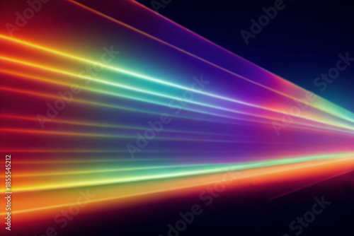 Sweeping rainbow light river, layered cyan, green, magenta and gold beams streaming diagonally through darkness like high speed data currents flowing across a vast futuristic digital sky

