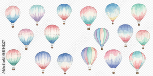 Collection of watercolor hot air balloons in various pastel colors and patterns, isolated on transparent background.