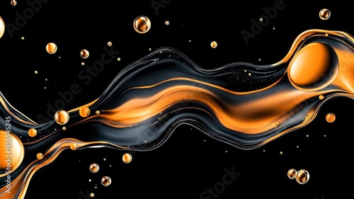 A dynamic, abstract composition with fluid, golden-orange and dark wavy forms. Various sized, spherical elements float and add contrast against the black backdrop