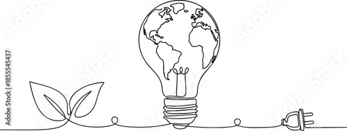 Eco Friendly Green Energy Concept Globe Light Bulb Line Art Drawing