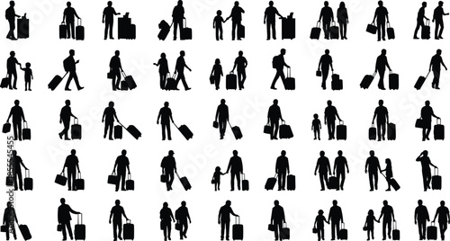 Large collection of traveler silhouettes with luggage, passengers walking with suitcases, families at airport terminal, business travel and tourism vector illustration set, isolated.