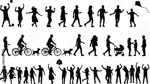 Large set of people silhouettes performing outdoor activities like walking, cycling, running, playing sports, walking dogs, pushing strollers, and children playing with balloons and kites