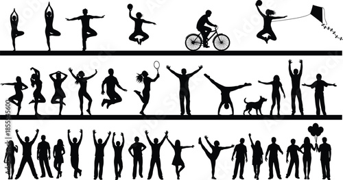 Vector silhouette set of active people doing sports, yoga, dancing, and cycling, lifestyle illustration collection of happy men, women, and children.