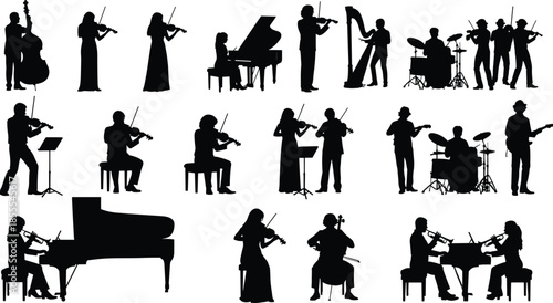 Vector silhouette collection of musicians playing instruments, featuring orchestra and jazz band performers with violin, piano, drums, guitar, and harp, isolated illustration set.
