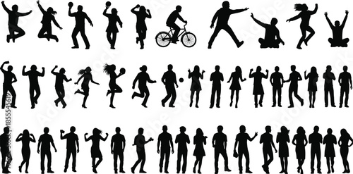 Vector silhouette set of active people jumping, dancing, and cycling, lifestyle illustration collection of happy men and women performing sports activities.