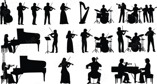 Vector silhouette set of musicians playing instruments, including violin, piano, drums, harp, and cello, isolated illustration for orchestra and jazz band.