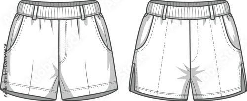 Men casual shorts technical flat sketch front and back view, elastic waistband apparel garment design isolated vector illustration