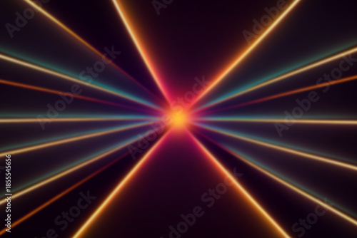 Radiant ember at the heart of multicolored neon rays, symmetric star of teal and amber beams expanding through space, evoking cosmic ignition, harmony and futuristic luminous balance

