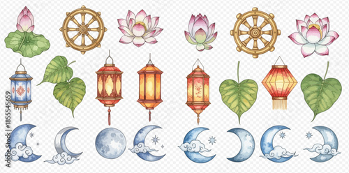 Watercolor illustration set of Buddhist symbols including lotus flowers, Dharma wheels, lanterns, Bodhi leaves, and moon phases.