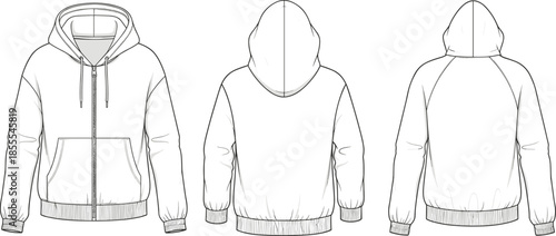 Men hoodie jacket technical flat sketch front back views, casual apparel design, cad drawing flat vector illustration