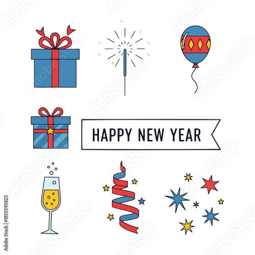 Vibrant vector set of diverse New Year party celebration icons and festive signs, radiating cheer, excitement, and sparkle for any 2026 gathering occasion