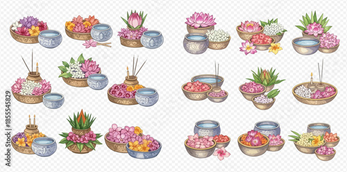 Set of watercolor spa elements with flowers, bowls, and candles for relaxation and aromatherapy.