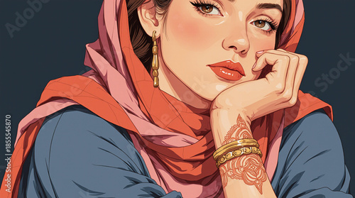 Captivating beauty of a woman adorned in traditional attire with intricate henna and golden jewelry