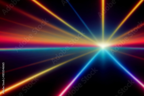 Stellar Neon Horizon Burst: Multicolored Light Rays Radiate From a Blazing Core Over a Horizontal Spectrum Band, Creating a Futuristic Cosmic Beacon in the Digital Void


