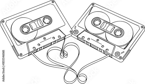 Retro Cassette Tape Drawing with Magnetic Tape Forming a Heart Shape