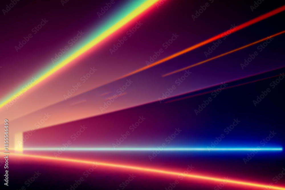 Naklejka premium Prismatic Horizon Portal: Radiant Neon Light Beams Piercing Cosmic Darkness, Futuristic Sci‑Fi Spectrum Rays Converging in Abstract Vaporwave Space Atmosphere