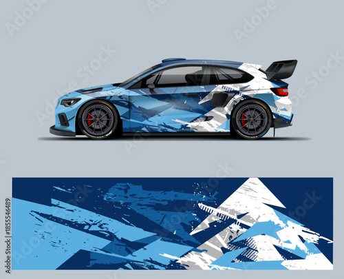 Blue abstract Racing Car wrap livery design, aggresive style. 
