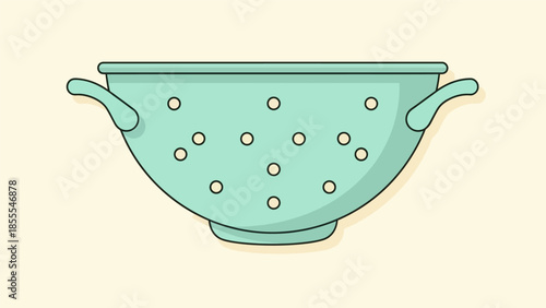 Mint green colander with holes for draining food preparation.