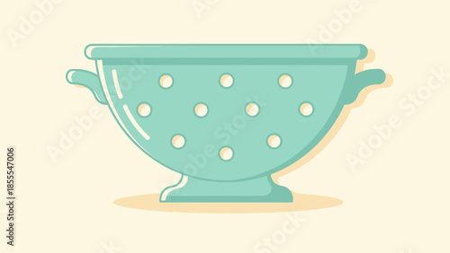 Illustration of a light blue colander on a cream background.