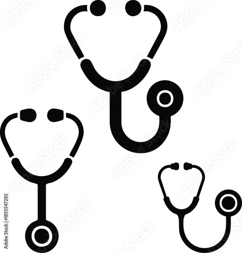 Stethoscope Icon Set for Medical Professionals, Healthcare Diagnostic Tool Illustrations, Set of Three Stethoscope Vector Symbols, silhouette, illustration, vector