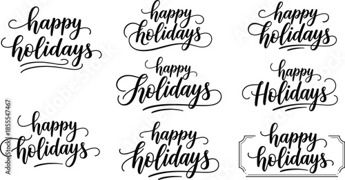 Collection of handwritten happy holidays lettering designs with variations on transparent background silhouette