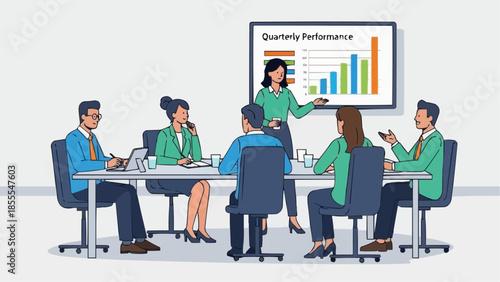 Business meeting presentation with quarterly performance bar chart in modern conference room