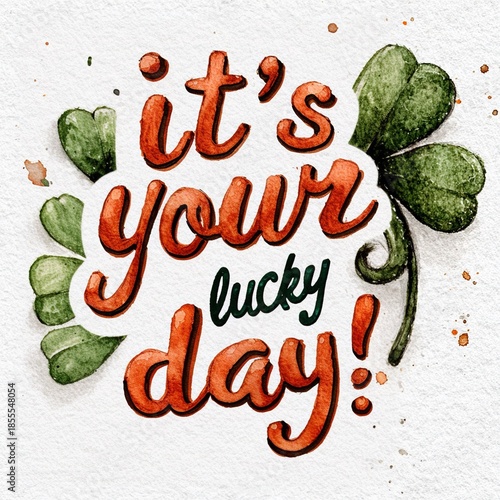 It’s Your Lucky Day!” Text with Watercolor Green Shamrock Illustration in Clipart Style