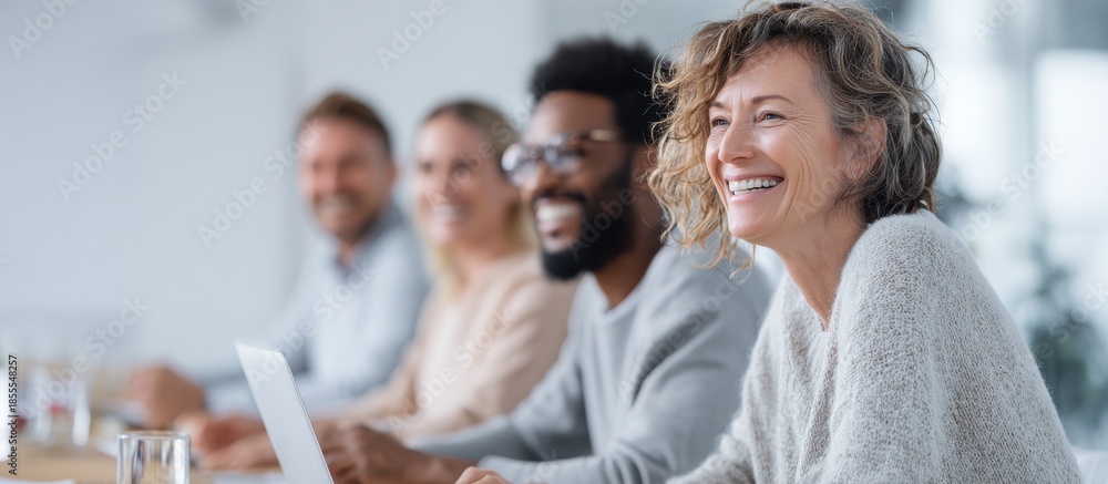 Fototapeta premium Diverse Business Team Collaborating and Smiling in Bright Office Meeting Room Natural Light