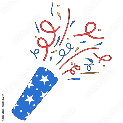 Festive party popper bursting with red, white and blue confetti, great for Fourth of July, Independence Day, USA celebrations and party designs.