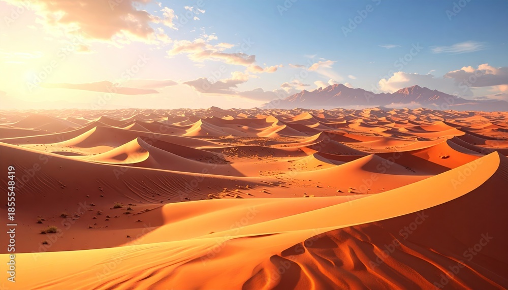 Fototapeta premium Golden Desert Dunes at Sunset - A Serene Landscape of Sand and Sky.