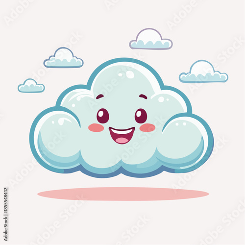 Cartoon cloud with a happy face and rosy cheeks floating above a pink shadow.
