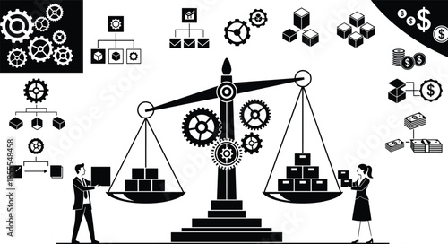 Business Balance Concept, Scales Weighing Money, Boxes, Gears, Finance, Corporate, Workflow, Process Management, Economy, Business Structure Design