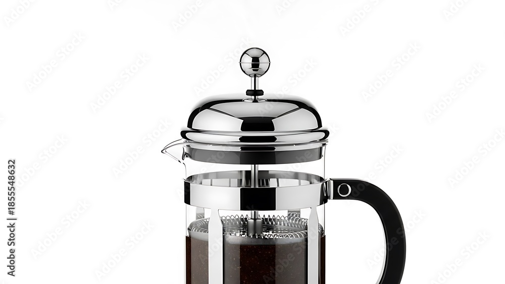 Obraz premium Clear glass French press filled with coffee grounds isolated on white studio background