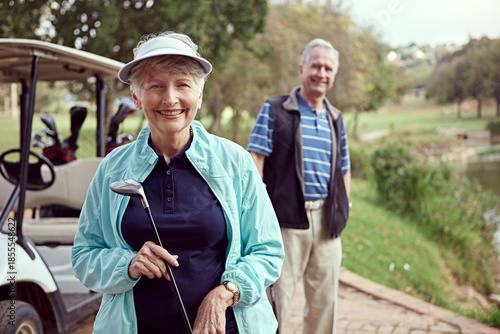 Portrait, senior couple and golf outdoor for fitness, match practice and recreational sports. Smile, elderly people and equipment for retirement hobby, countryside games and activity at country club