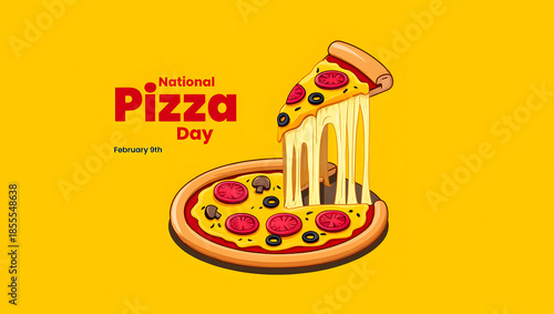 National pizza day celebration vector illustration featuring a slice with stringy melted cheese