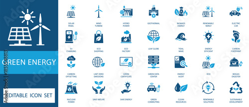 green energy and sustainability icon set. featuring solar, wind, hydro, and eco-friendly technology symbols in flat vector style for environment and renewable power projects.