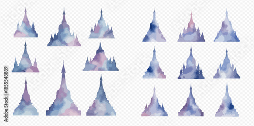 Set of watercolor pagoda silhouettes in various shapes and sizes, featuring blue and purple hues.