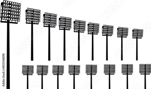 Array of Stadium Floodlights in Silhouette on White Background Keywords: stadium lights, floodlights, sports lighting, outdoor